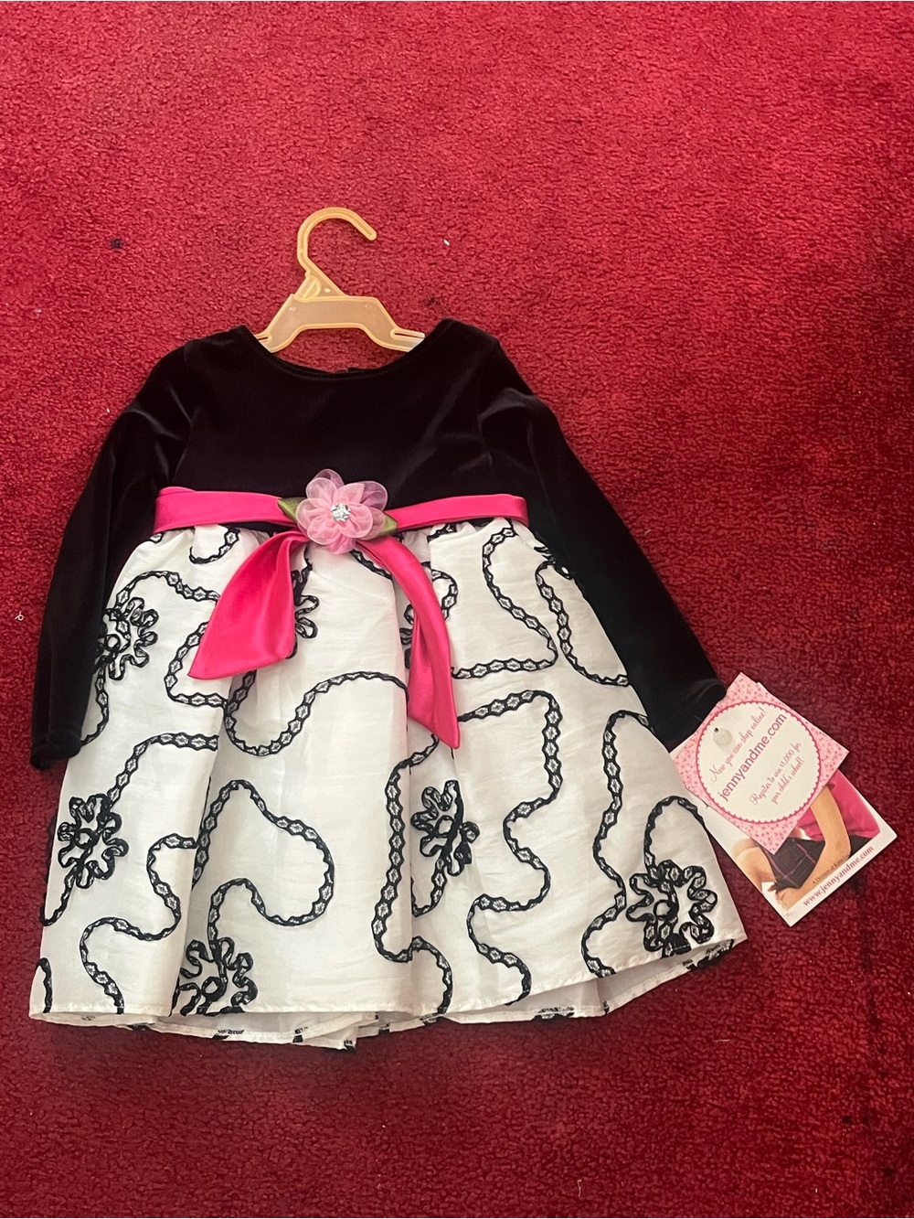 Girls Black & White Velvet Bodice Dress with Pink Sash.